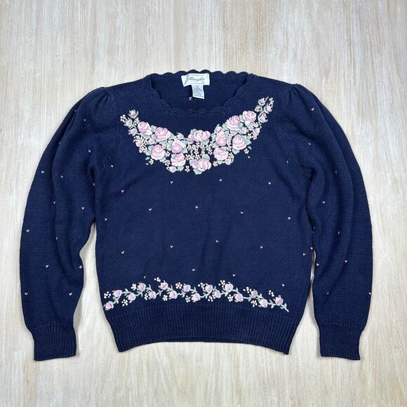 Margules Navy Pink Rose Embroidered Coquette Granny Core Pullover Sweater Medium - Picture 1 of 13